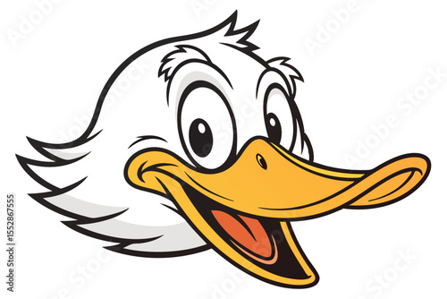 White duck cartoon head with expressive eyes and open yellow beak is facing forward