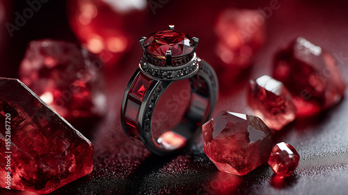 Luxury ring with large red gemstone surrounded by raw red crystals on a dark textured surface, dramatic lighting.