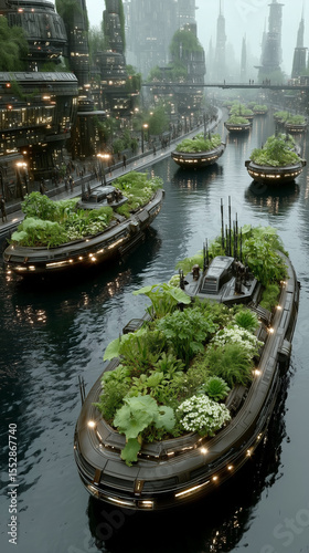 Futuristic cityscape with lush green floating gardens on boats in a canal, surrounded by modern eco-friendly skyscrapers.