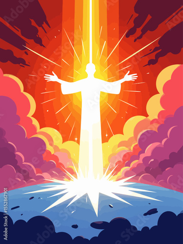 A radiant figure of light descending from the heavens three beams of light (Father, Son, Spirit 