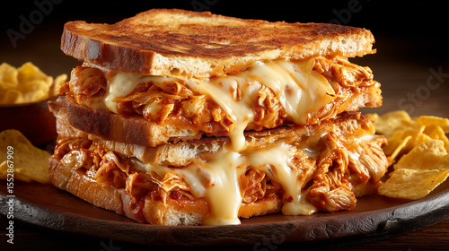 Melted cheese and shredded barbecue chicken sandwich on toasted bread, served with tortilla chips on a rustic wooden platter.
