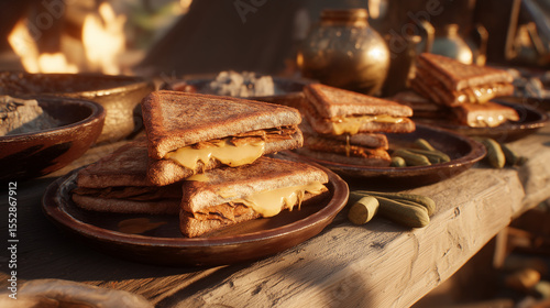 Toasted cheese sandwiches with melted cheese and pickles on rustic wooden table in warm sunlight, cozy outdoor setting.