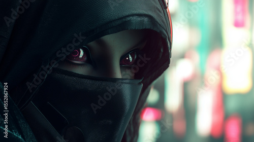 Closeup of a mysterious cyberpunk character with glowing eyes, wearing a hood and mask, neon city lights blurred in background.