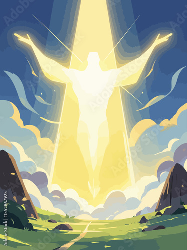 A radiant figure of light descending from the heavens three beams of light (Father, Son, Spirit 
