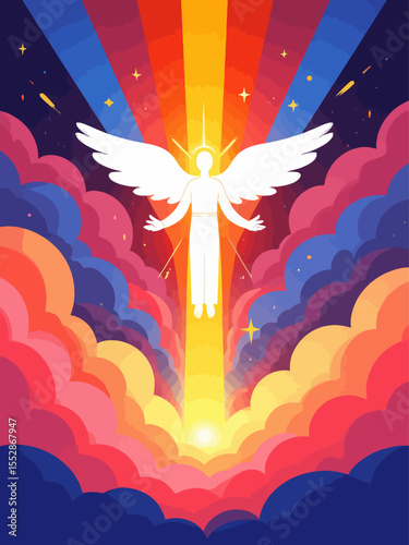 A radiant figure of light descending from the heavens three beams of light (Father, Son, Spirit 