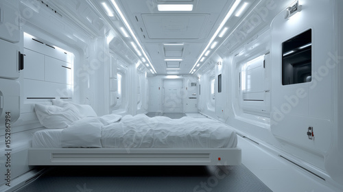 Futuristic white bedroom interior in a spaceship or space station, sleek modern design, clean lines, sci fi atmosphere.