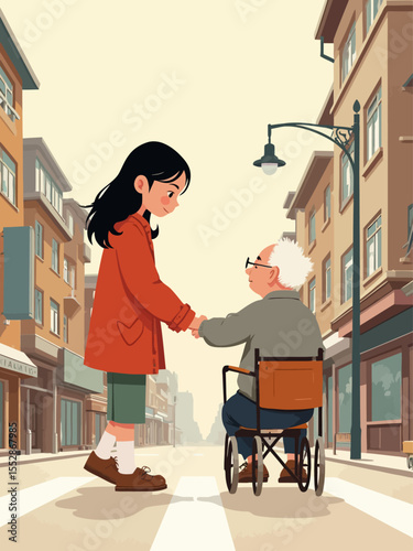 A yang girl helps an elderly person cross the street 