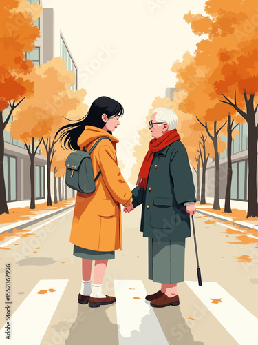 A yang girl helps an elderly person cross the street 