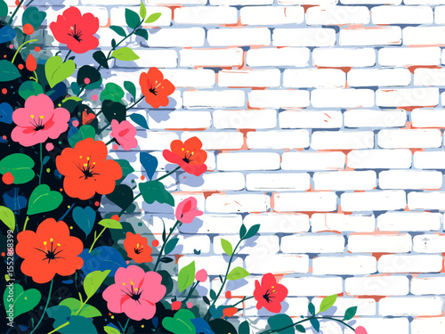 Bougainvillea and white slightly aged brick wall