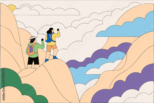An adventurous group hiking in the mountains, experiencing nature, physical challenge, and scenic views together.
