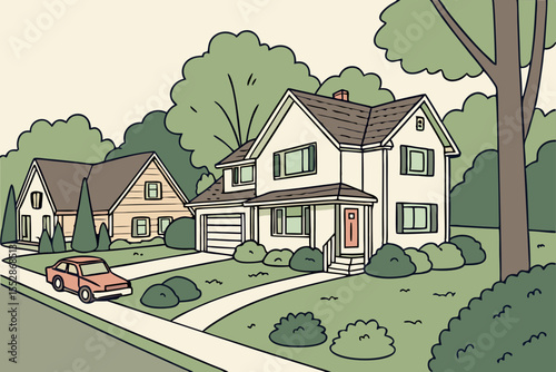 A suburban neighborhood with large detached houses, manicured lawns, and parked cars, symbolizing comfortable family living.