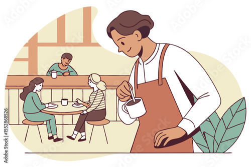 A barista crafting coffee at a bustling cafe, focusing on quality and customer satisfaction in hospitality.