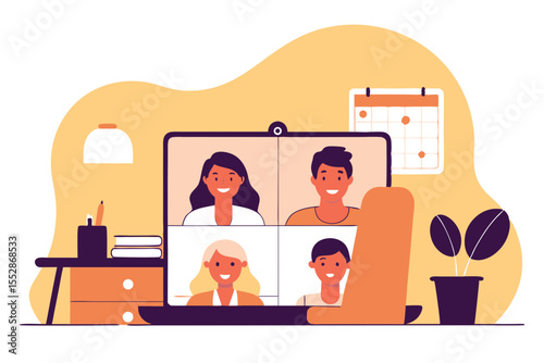 A video call with smiling colleagues displayed on a laptop screen in a home office setup.