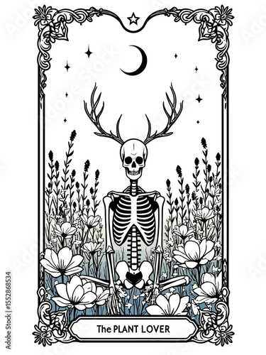 clean, simple tarot card illustration titled The Plant Lover line art of a skeleton sitting in a field of blooming flowers and herbs