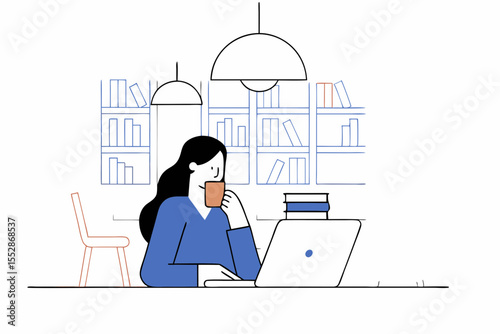 A woman in a coffee shop thoughtfully sipping a hot beverage while working on her laptop.