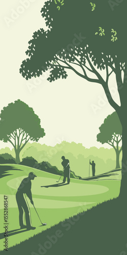 Golfers playing on a lush course, practicing precision and technique on the putting green under blue skies.