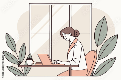 A woman working remotely at a stylish workspace with natural light, engaged in digital productivity.