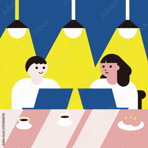 Friends sitting at a table in a cozy cafe, collaborating on laptops while enjoying coffee and pastries.