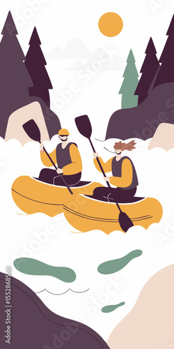 People kayaking down fast-moving whitewater rapids, engaging in thrilling outdoor adventure and teamwork.