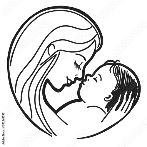 Minimalist one line drawing capturing a tender moment of a mother kissing her baby s forehead symbolizing love family and connection