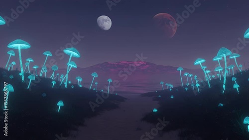 Glowing mushrooms populate a surreal landscape at night