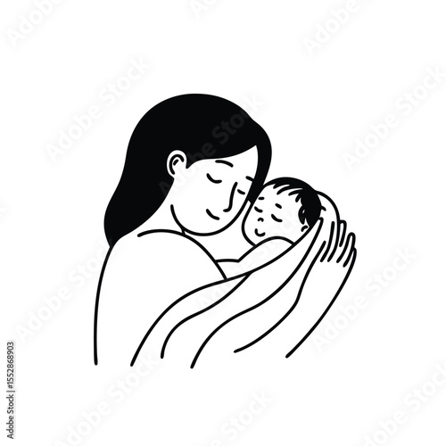 Minimalist single line art illustration of a mother tenderly holding her child symbolizing love family and connection in a simple elegant design