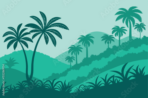 Teal green tropical landscape with palm trees and hills