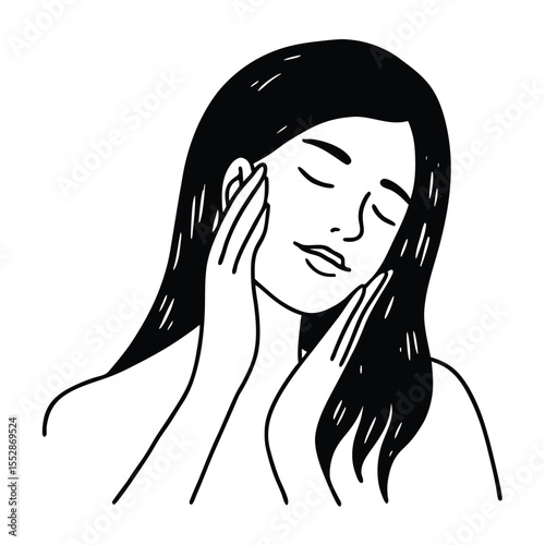 Elegant line art illustration of a delicate feminine hand gently touching its face conveying grace and beauty in a minimalist style
