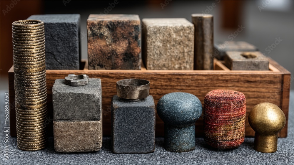 Textured concrete and wood geometric blocks styled for industrial decor material product visuals Textured concrete and wood geometric blocks styled for industrial decor material product visuals