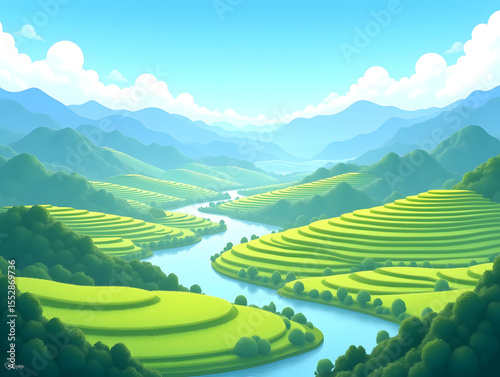 Fields, pastoral scenery, terraces, agriculture, rural areas, rural revitalization scenery, Xiaoman solar term illustration