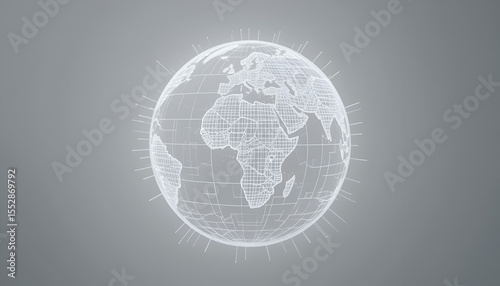 Digital earth globe with continents outlined in white on a gray background and radiating lines around it .