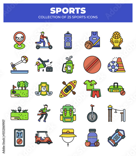 Collection of 25 Sports Icons. A Vibrant Guide to Summer and Active Lifestyle