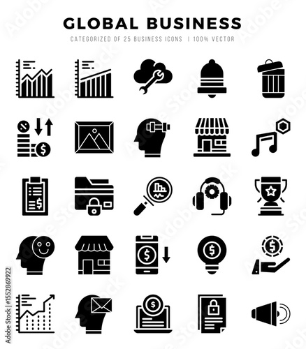 Global Business Icons bundle. Glyph style Icons. Vector illustration.