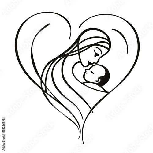 Minimalist line art illustration depicting a mother gently embracing her baby symbolizing love connection and family bonds in a simple abstract style