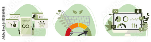 Sustainable Business Technology Analytics Process. Sustainable procurement collection. Sustainable business technology, analytics, and green commerce solutions. Green purchasing. Vector illustration