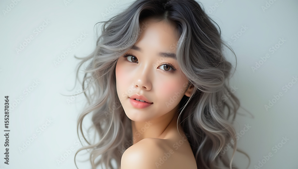 Naklejka premium woman, long wavy hair, curly hair, gray hair, tan skin, warm expression, natural makeup, headshot, studio lighting, high quality, detailed, 4K and HD image