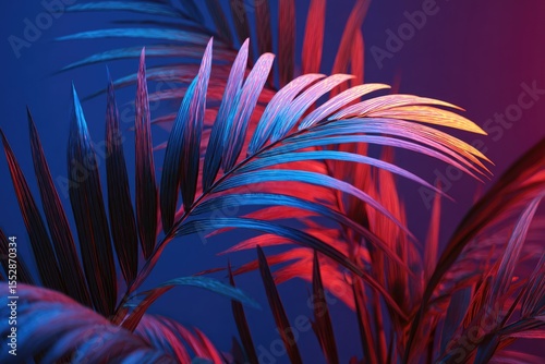Vibrant palm fronds illuminated by blue, red, and yellow neon light against a deep blue backdrop.  The image showcases the intricate detail and texture of the leaves