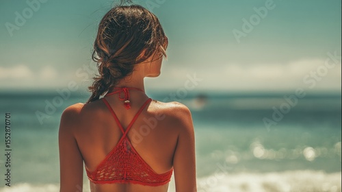 Back view of a woman in bikini holding a coconut, standing on beach. 