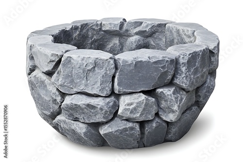 Grey stone, tiered well-like structure. Round, rugged, exterior, open top. Shadow adds depth. Isolated on white