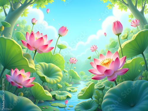 Lixia solar term national tide landscape illustration, summer lotus pond scene illustration