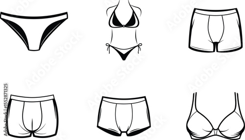 Black and white line art of underwear and bikini briefs