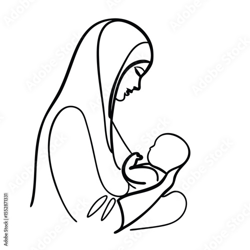 Minimalist single line drawing of a mother tenderly holding her child conveying warmth and connection perfect for family themed designs and branding