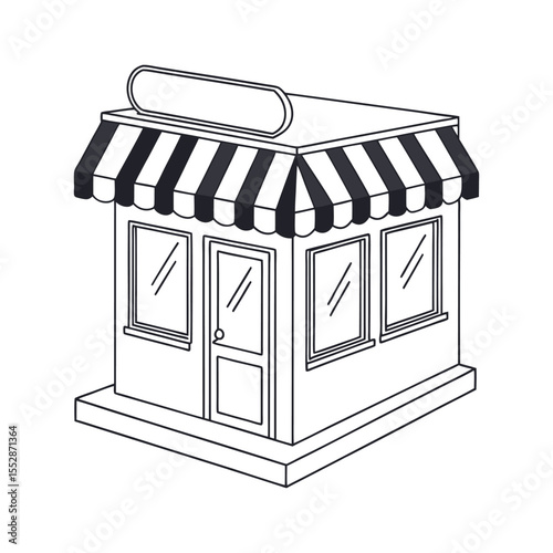 Black and white line art shop with striped awning and blank sign