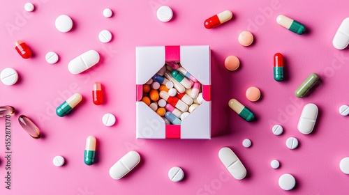 A meticulously arranged aerial shot of a medication delivery box containing prescription drugs, herbal remedies, and dosage instructions, artistically displayed with vibrant colors against a