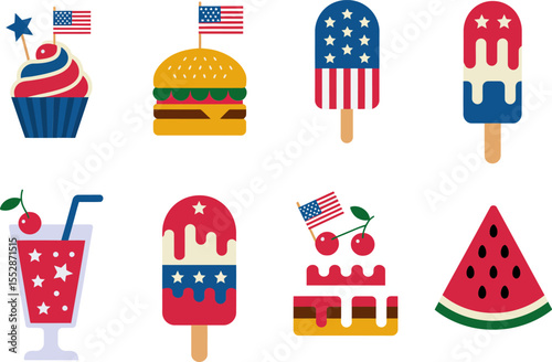 Snack and treat icon set. Popsicle, soda drink, cupcake, watermelon, burger, cherry cake, muffin, icepop with flag, red white blue stars. American party vibe dessert icon set  
