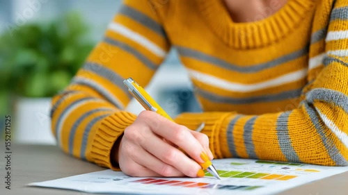 A person in a yellow-striped sweater writes with a yellow pen on a printed color chart at a desk.
