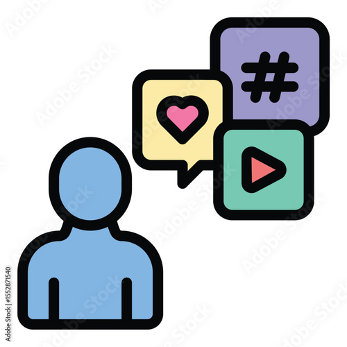 Influencer Social Media icon in flat line style illustration depicts a person or avatar with social media interface elements like likes, comments, and share icons around them