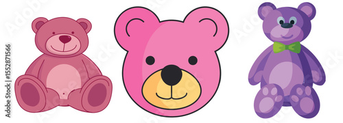 Pink Purple Cartoon Teddy Bears – Cute Plush Toy Illustration vector Set
