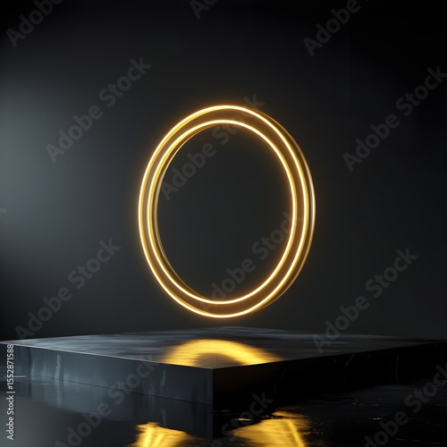 Glowing golden ring suspended above a reflective dark marble platform in a studio