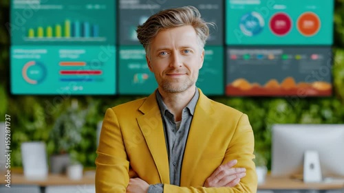 A confident man in a yellow blazer stands with arms crossed in front of digital data dashboards in a modern office.